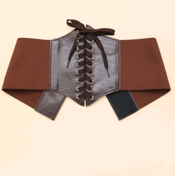 Corset Belt Brown Lace Up Leather Velcro Pirate - Picture 2 of 8